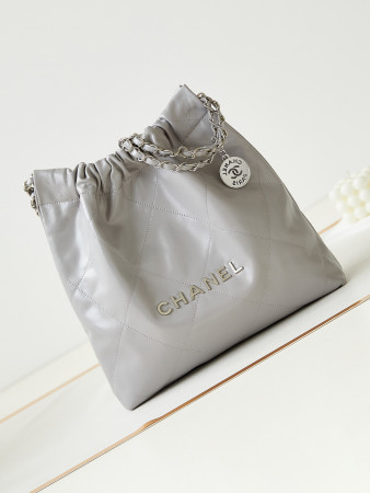 CHANEL 22 SMALL HANDBAG Shiny Calfskin GREY 13.7×14.4×2.7 in
