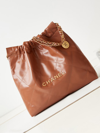 CHANEL 22 SMALL HANDBAG Shiny Calfskin BROWN 13.7×14.4×2.7 in