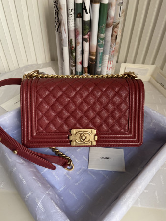 BOY CHANEL HANDBAG Shiny Grained Calfskin & Gold-Tone Metal red 5.9 × 9.8 × 3.5 in
