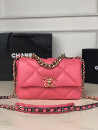 CHANEL 19 HANDBAG Shiny Leather, Gold-Tone, Silver-Tone & Ruthenium-Finish Metal Pink 6.2 × 10.1 × 3.5 in