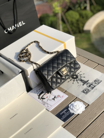 CHANEL MINI FLAP BAG BLACK WITH GOLD-TONE MENTAL 4.7 × 7.8 × 2.3 in