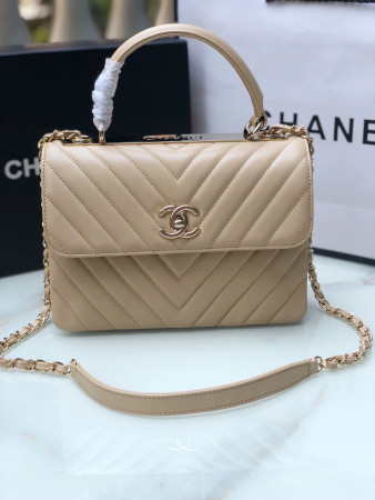 CHANEL FLAP BAG WITH TOP HANDLE BEIGE 6.6 × 9.8 × 4.7 in