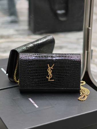 YSL CASSANDRE CHAIN WALLET IN CROCODILE-EMBOSSED SHINY LEATHER