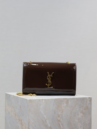 YSL KATE MEDIUM IN SHINY LEATHER BROWN 9.4 X 5.7 X 2.1 INCHES