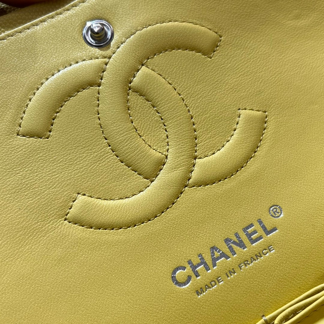 CHANEL CLASSIC HANDBAG GRAINED CALFSKIN & SILVER - TONE METAL Yellow 6×9.9×2.5in