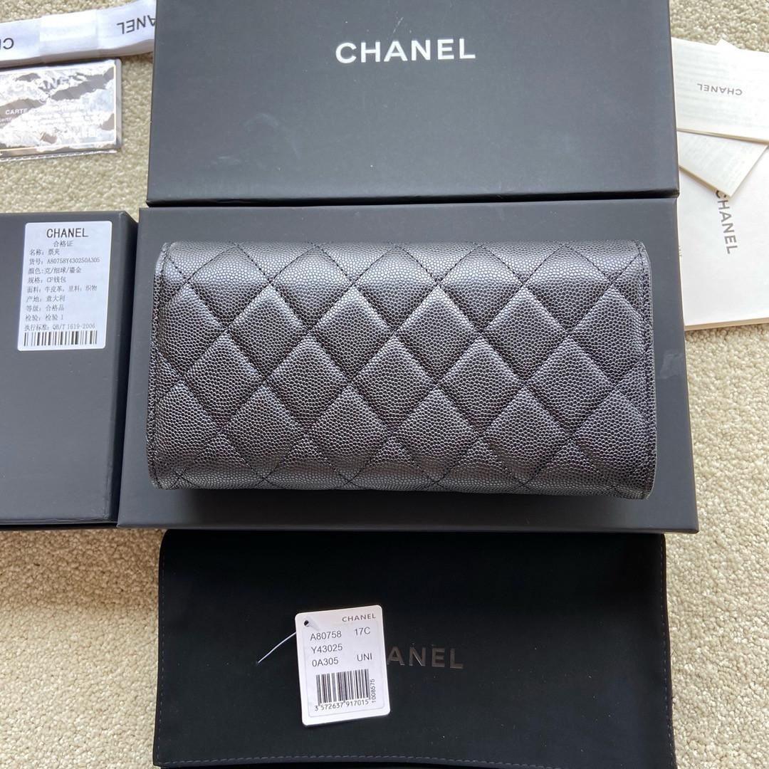 CHANEL FLAP WALLET GRAINED LEATHER BLACK GOLD 19.5 x10 cm