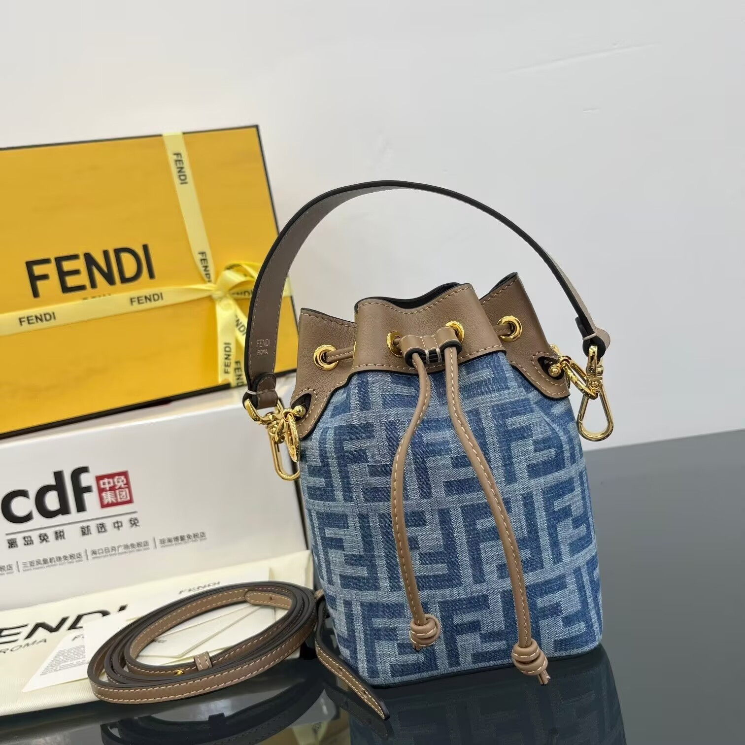 Fendi Mon Tresor Mini Ff Denim Fabric Bucket Bag 18x12x10cm