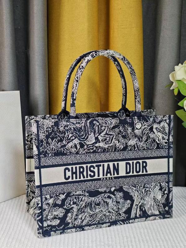 LARGE DIOR BOOK TOTE Blue and Ecru Toile de Jouy Reverse Embroidery 16.5 x 14 x 7.5 inches