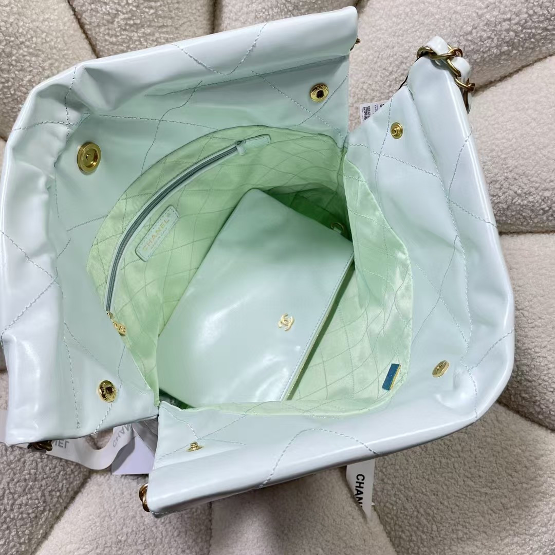 CHANEL 22 SMALL HANDBAG Shiny Calfskin Light Blue 37X35X7cm