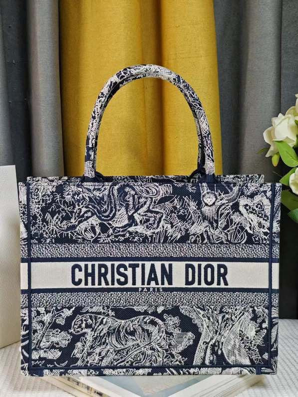 LARGE DIOR BOOK TOTE Blue and Ecru Toile de Jouy Reverse Embroidery 16.5 x 14 x 7.5 inches