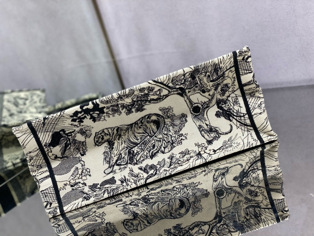 LARGE DIOR BOOK TOTE Ecru and Blue Toile de Jouy Embroidery 16.5 x 14 x 7.5 inches
