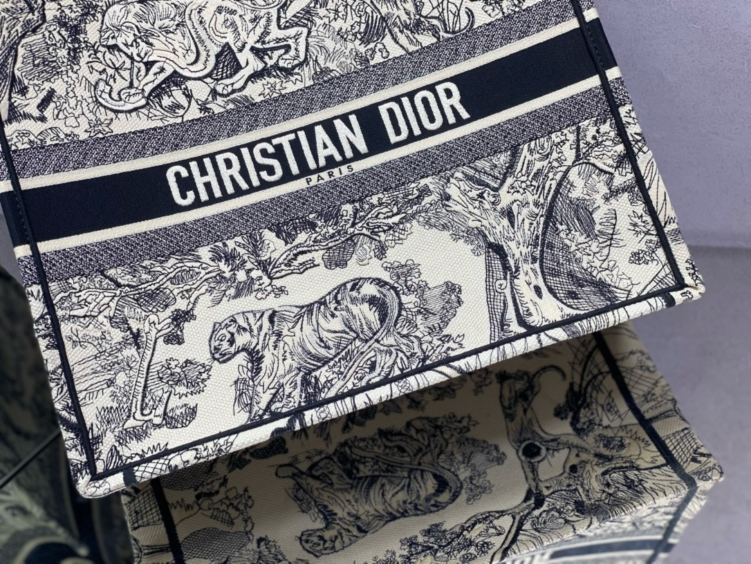 LARGE DIOR BOOK TOTE Ecru and Blue Toile de Jouy Embroidery 16.5 x 14 x 7.5 inches