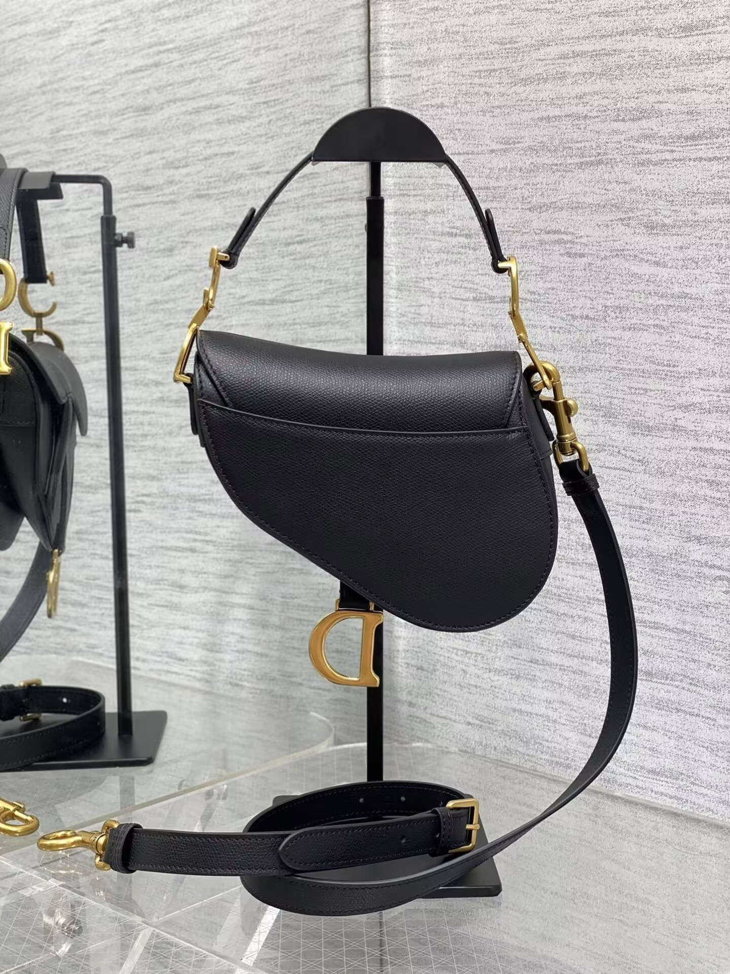 Dior MINI SADDLE BAG WITH STRAP Black Grained Calfskin 19 x 16 x 5 cm