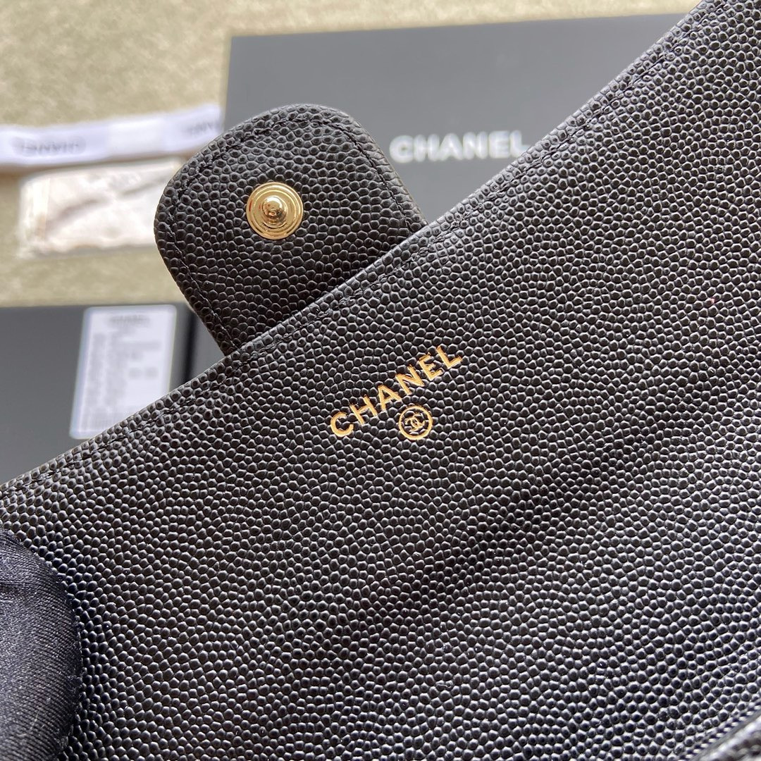 CHANEL FLAP WALLET GRAINED LEATHER BLACK GOLD 19.5 x10 cm