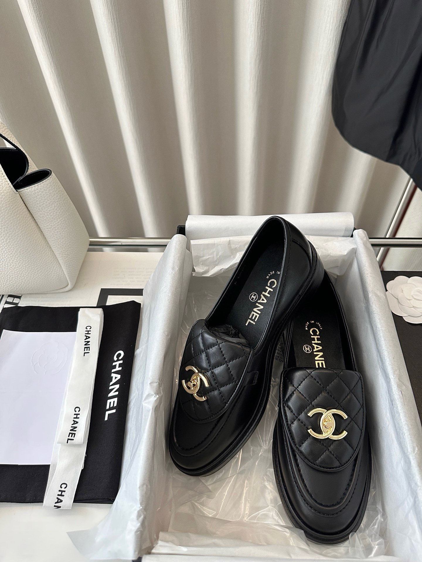 Chanel Quilted Tab Loafers  Black Leather