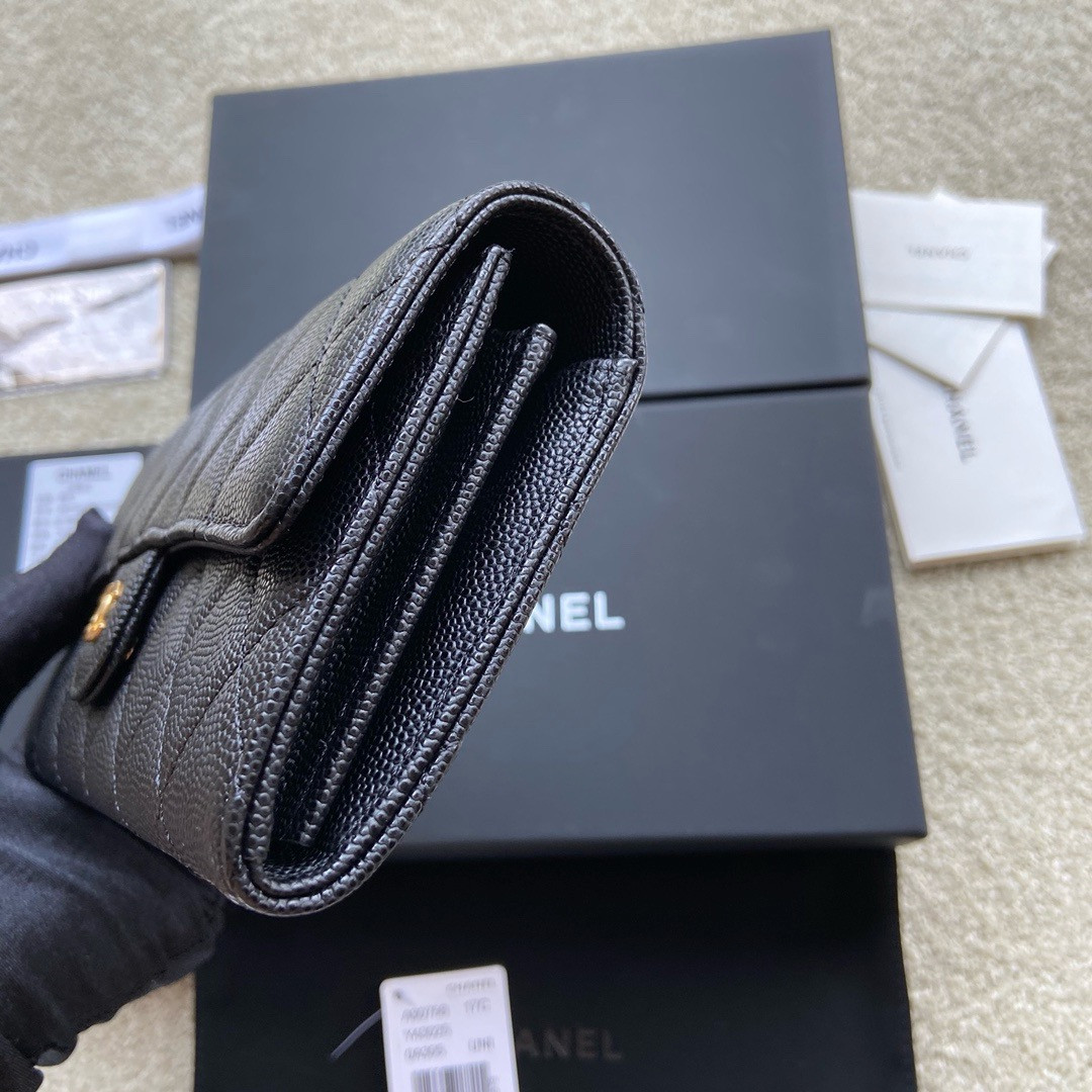 CHANEL FLAP WALLET GRAINED LEATHER BLACK GOLD 19.5 x10 cm