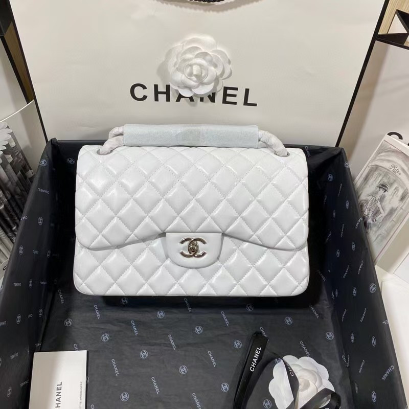 Chanel Classic Flap Jumbo 30cm CF White Silver 7.6 × 11.7 × 3.9 in