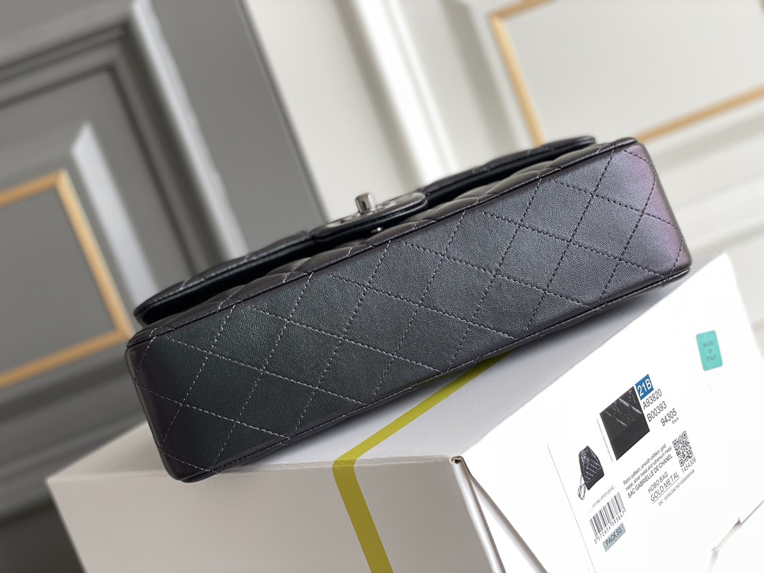 CHANEL CRUMPLED CALFSKIN QUITED DOUBLE FLAP BLACK 19.5×30×10cm