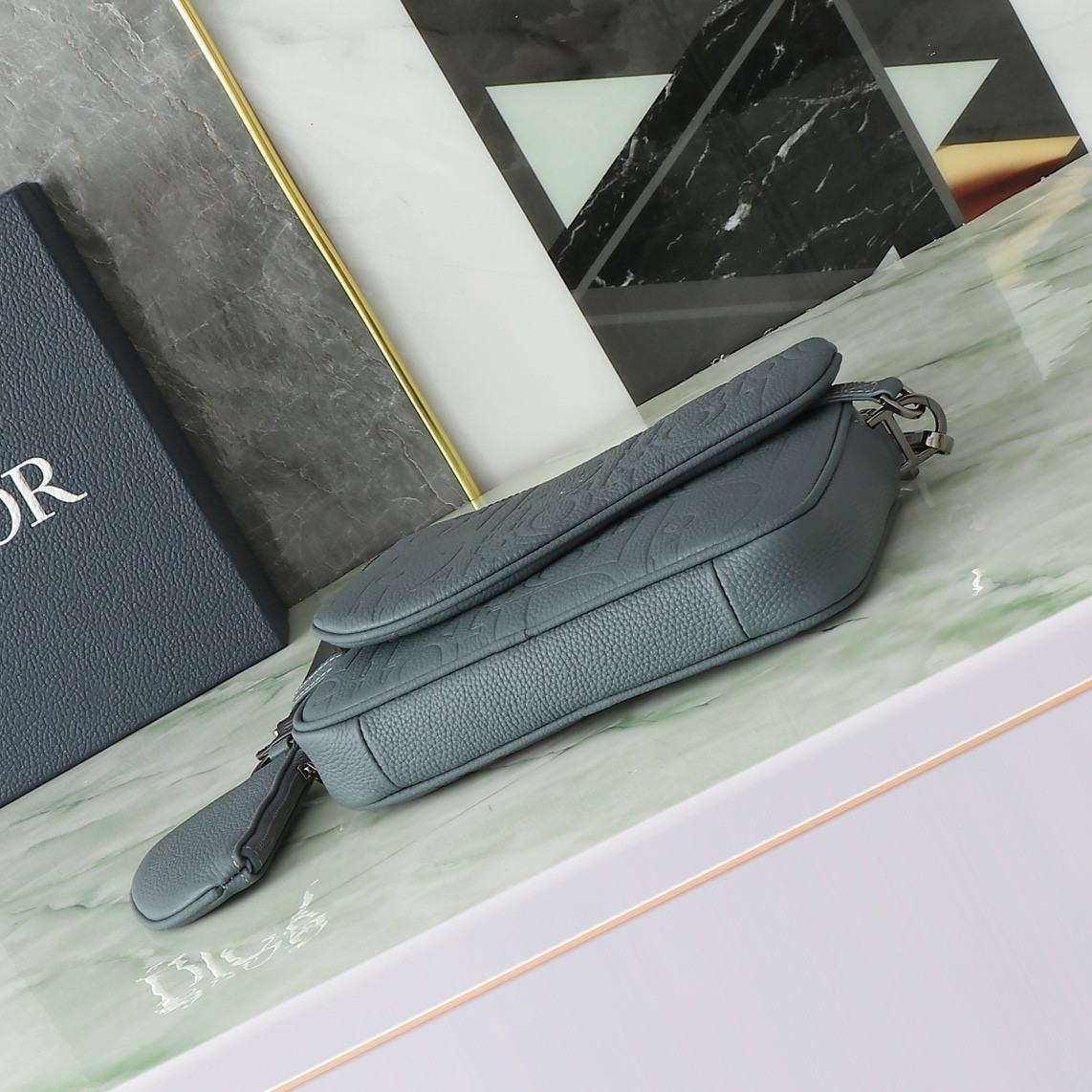 DIOR Saddle Triple Pouch Deep Gray Dior Gravity Leather and Deep Gray Grained Calfskin 23x16x4cm