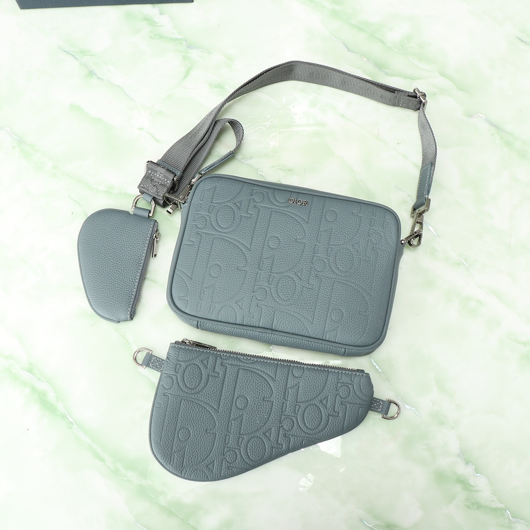 DIOR Saddle Triple Pouch Deep Gray Dior Gravity Leather and Deep Gray Grained Calfskin 23x16x4cm