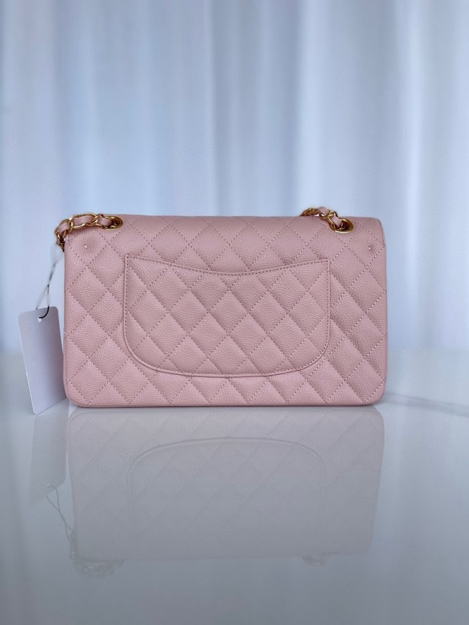 CHANEL CLASSIC HANDBAG GRAINED CALFSKIN & GOLD-TONE METAL PINK 6 × 9.9 × 2.5 in