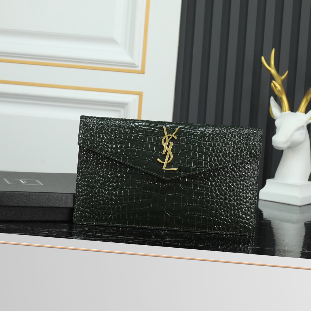 YSL UPTOWN POUCH IN CROCODILE-EMBOSSED SHINY LEATHER BLACK 10.6 X 6.2 X 0.7 INCHES