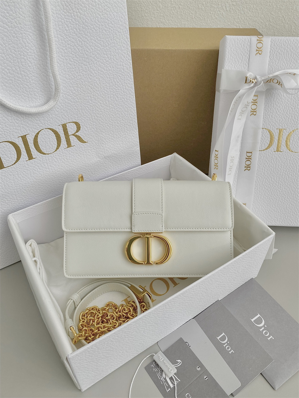 DIOR 30 MONTAIGNE EAST-WEST BAG WITH CHAIN Latte Calfskin 21 x 12 x 6 cm / 8.5 x 4.5 x 2.5 inches