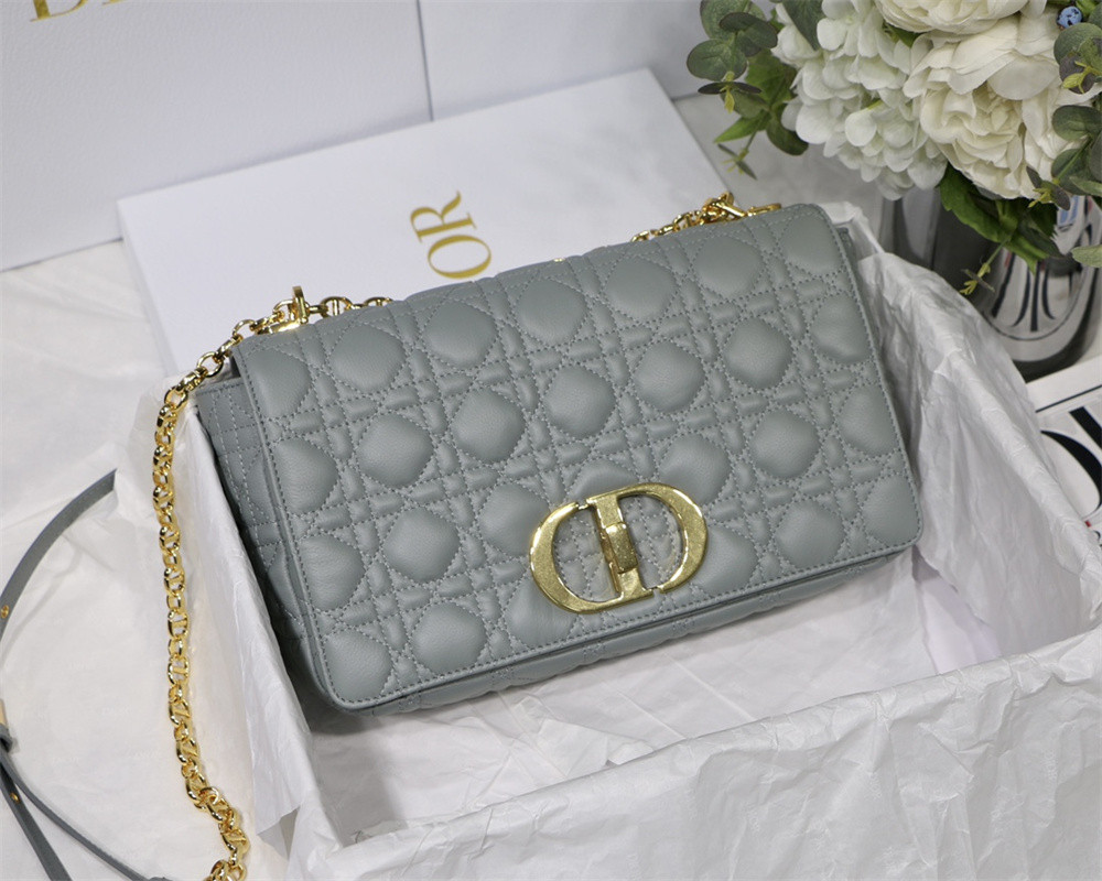 LARGE DIOR CARO BAG Stone Gray Supple Cannage Calfskin 29 x 18 x 10 cm