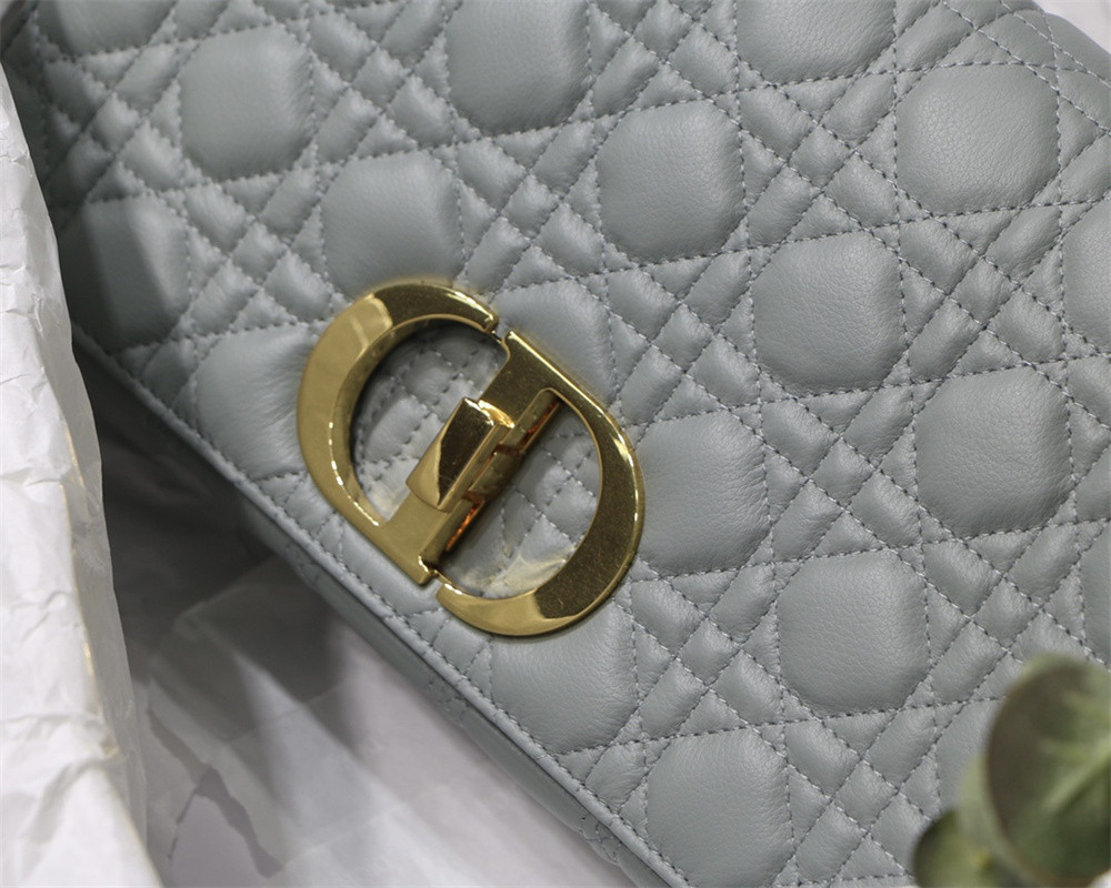 LARGE DIOR CARO BAG Stone Gray Supple Cannage Calfskin 29 x 18 x 10 cm