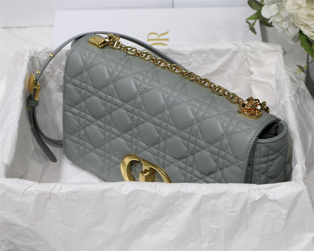 LARGE DIOR CARO BAG Stone Gray Supple Cannage Calfskin 29 x 18 x 10 cm