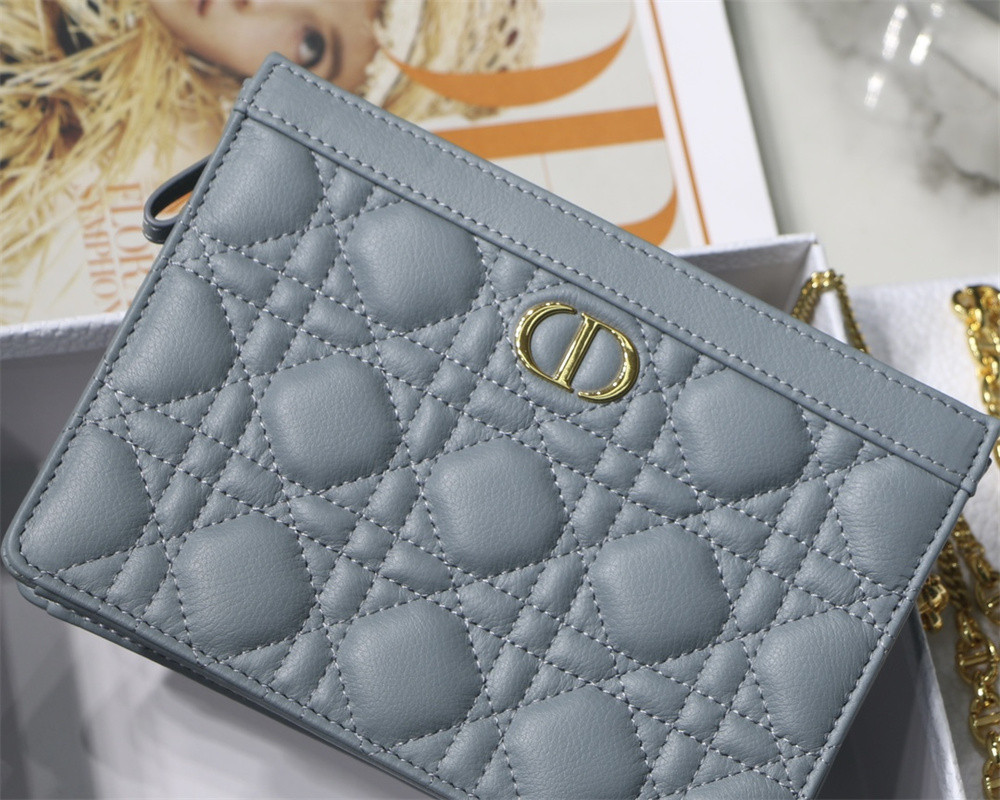 DIOR CARO ZIPPED POUCH WITH CHAIN Blue Supple Cannage Calfskin 19 x 14 x 4.5 cm