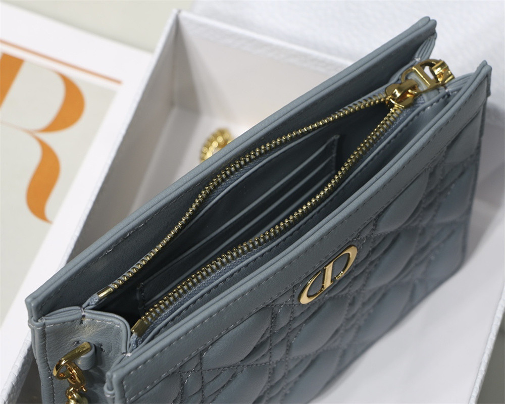 DIOR CARO ZIPPED POUCH WITH CHAIN Blue Supple Cannage Calfskin 19 x 14 x 4.5 cm