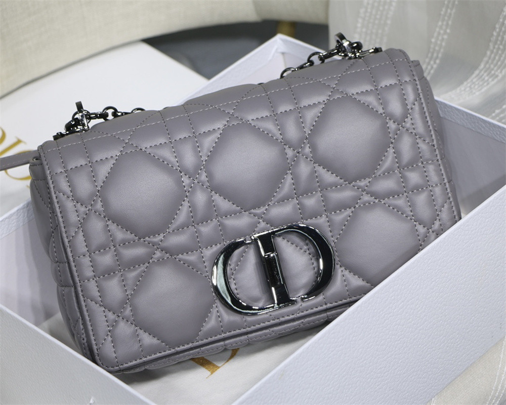 MEDIUM DIOR CARO BAG Grey Supple Cannage Calfskin With Silver Hardware 25.5 x 15.5 x 8 cm