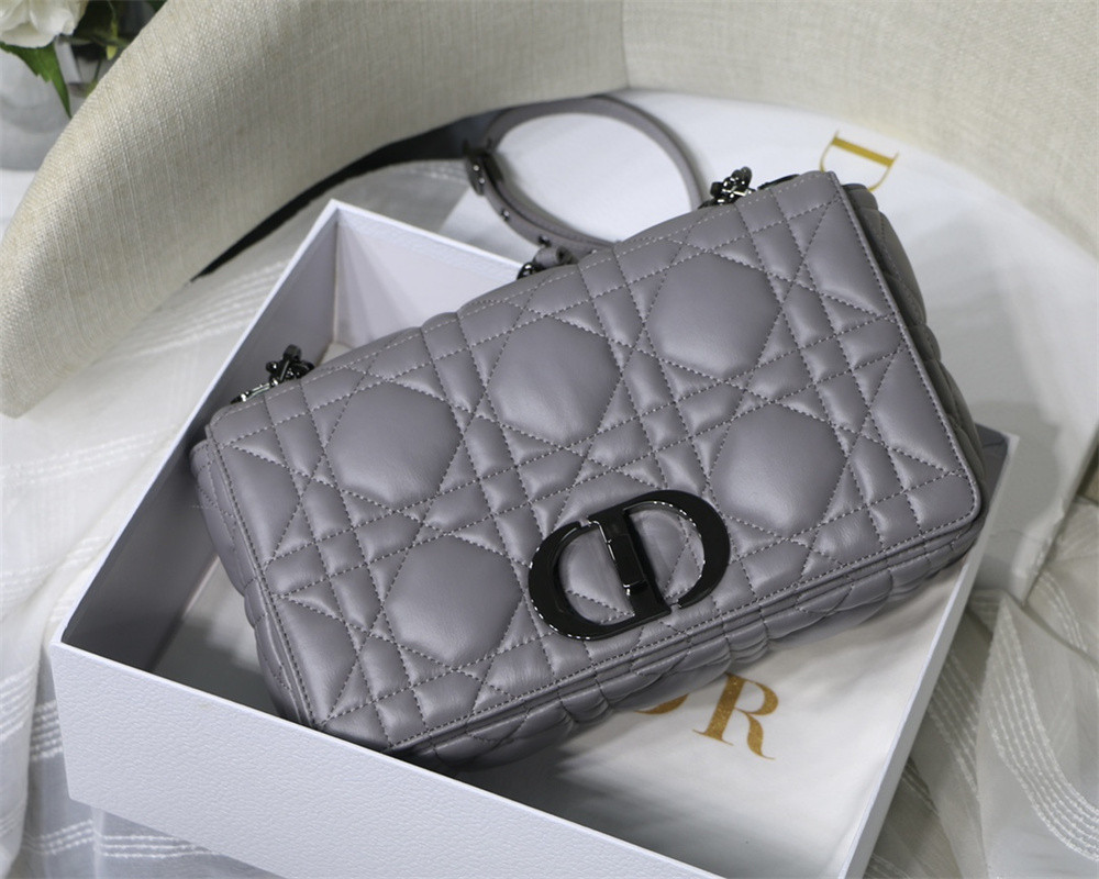 LARGE DIOR CARO BAG Stone Gray Supple Cannage Calfskin With Silver Hardware 29 x 18 x 10 cm