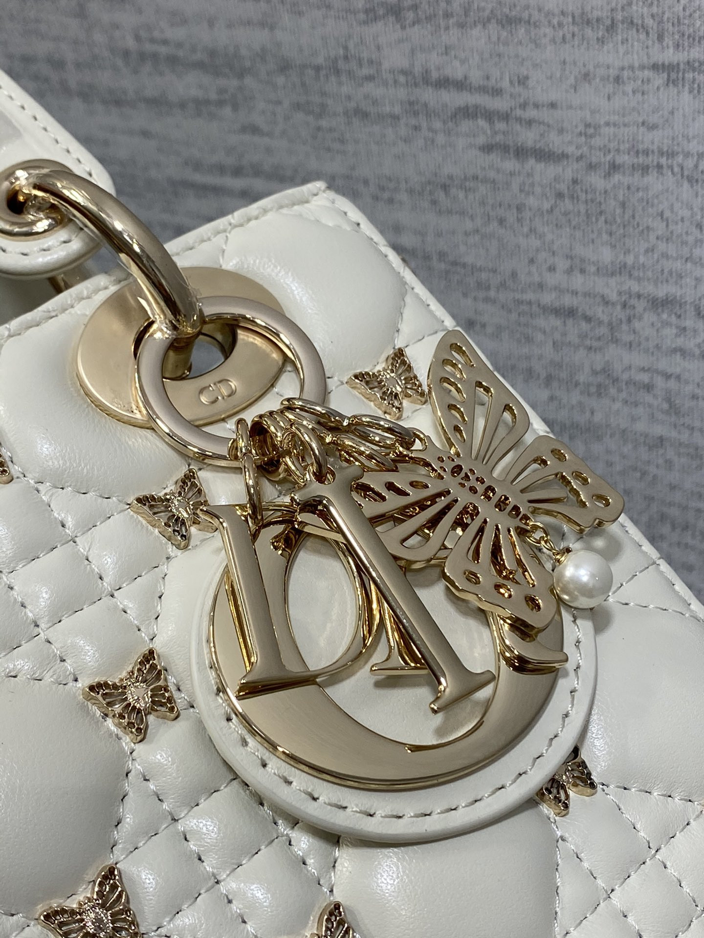 SMALL LADY DIOR White with Butterfly Studs
