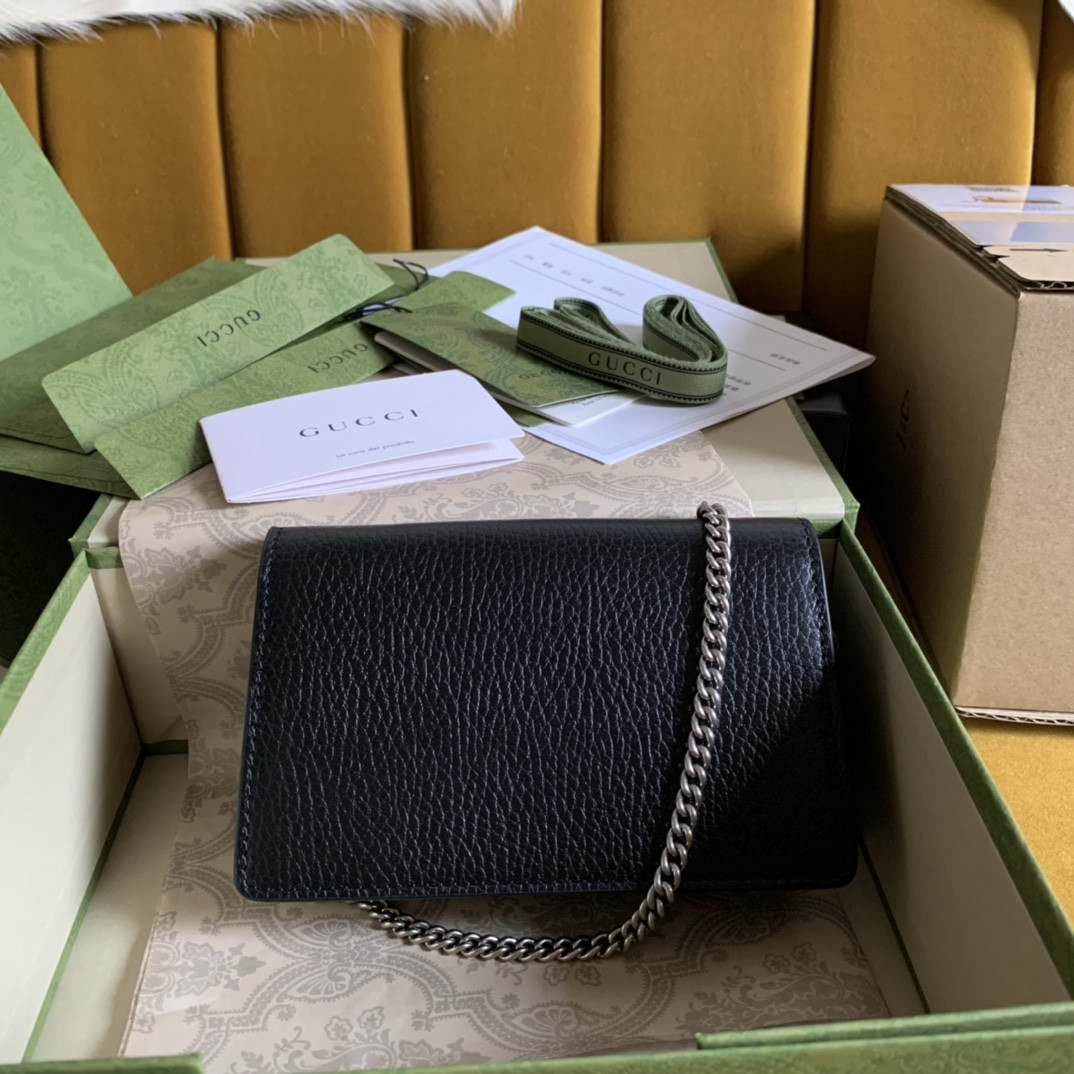 GUCCI DIONYSUS LEATHER SUPER MINI BAG BLACK 6.5"Wx3.9"Hx1.6"D