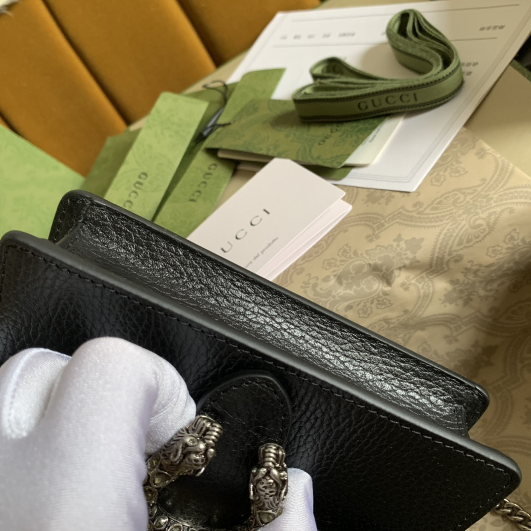 GUCCI DIONYSUS LEATHER SUPER MINI BAG BLACK 6.5"Wx3.9"Hx1.6"D