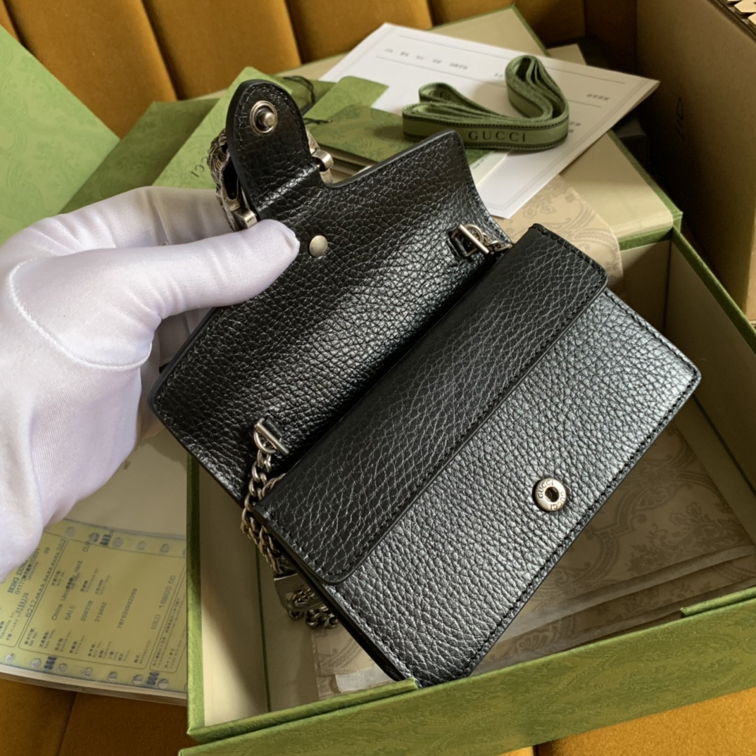 GUCCI DIONYSUS LEATHER SUPER MINI BAG BLACK 6.5"Wx3.9"Hx1.6"D