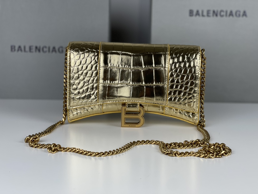 Balenciaga WOMEN'S HOURGLASS WALLET ON CHAIN CROCODILE EMBOSSED IN GOLD L7.6 x H4.7 x W1.9 inch