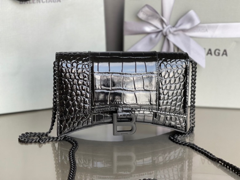 Balenciaga WOMEN'S HOURGLASS WALLET ON CHAIN CROCODILE EMBOSSED IN BLACK WITH black matte hardware L7.6 x H4.7 x W1.9 inch