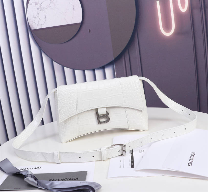 Balenciaga WOMEN'S HOURGLASS WALLET SHOULDER BAG CROCODILE EMBOSSED IN WHITE  L9 x H5.9 x W3.9 inch
