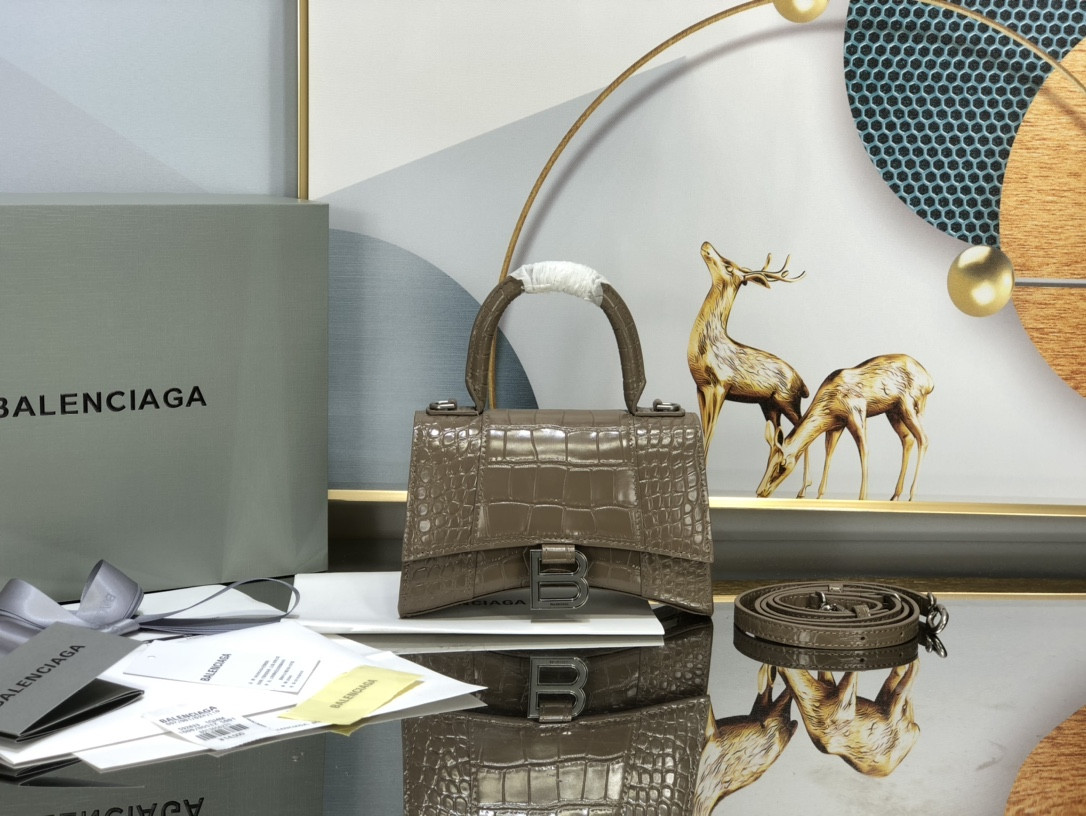 Balenciaga WOMEN'S HOURGLASS MINI HANDBAG CROCODILE EMBOSSED IN APRICOT L7.4 x H5.1 x W3.1 inch