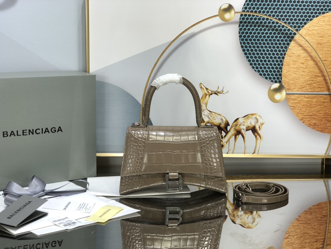 BALENCIAGA WOMEN'S HOURGLASS SMALL HANDBAG CROCODILE EMBOSSED IN BEIGE L9 x H5.5 x W3.9 inch