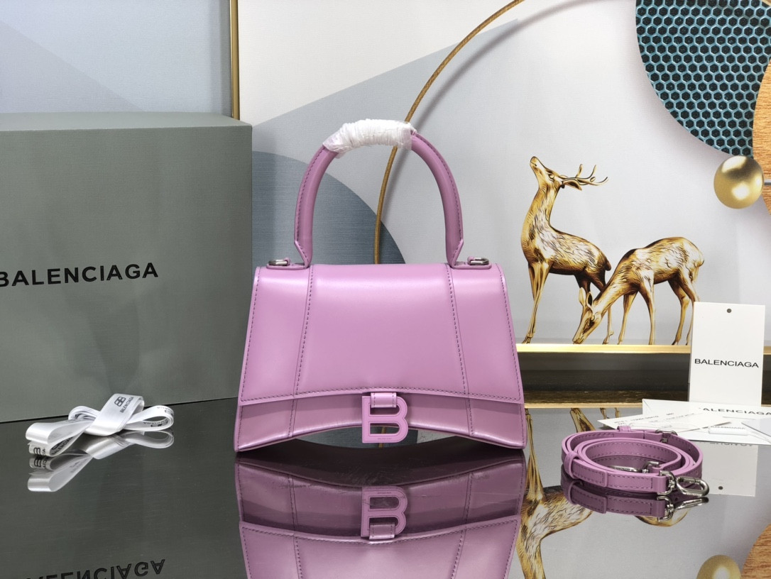 Balenciaga WOMEN'S HOURGLASS SMALL HANDBAG IN SHINY PINK BOX L9 x H5,5 x W3,9 inch