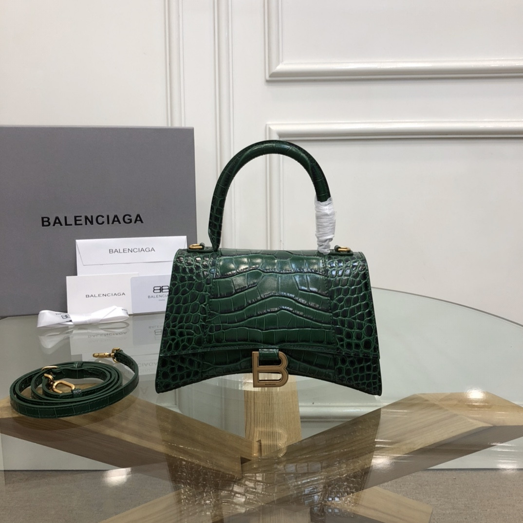 BALENCIAGA WOMEN'S HOURGLASS SMALL HANDBAG CROCODILE EMBOSSED IN GREEN WITH GOLD HARDWARE L9 x H5.5 x W3.9 inch