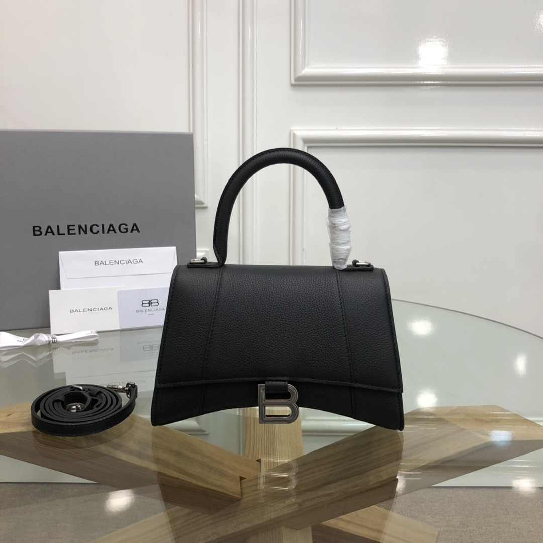 Balenciaga WOMEN'S HOURGLASS SMALL HANDBAG GRAINED LEATHER IN BLACK L9 x H5,5 x W3,9 inch