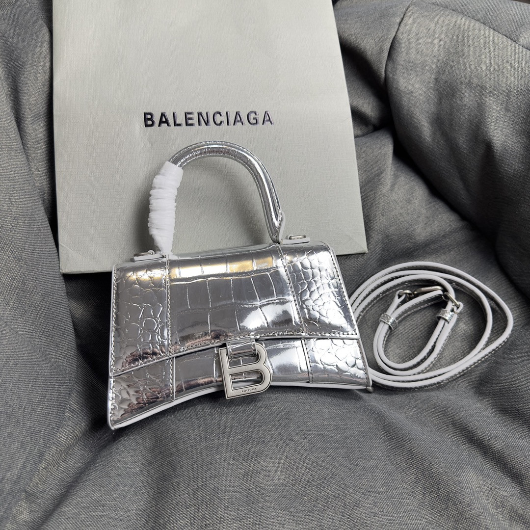 Balenciaga WOMEN'S HOURGLASS MINI HANDBAG CROCODILE EMBOSSED IN SILVER L7.4 x H5.1 x W3.1 inch
