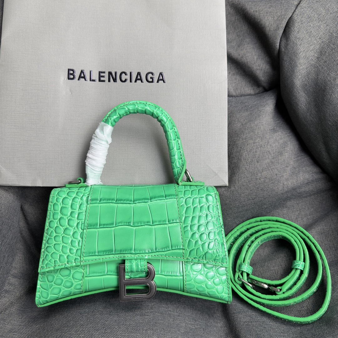 Balenciaga WOMEN'S HOURGLASS MINI HANDBAG CROCODILE EMBOSSED IN SHINY GREEN L7.4 x H5.1 x W3.1 inch