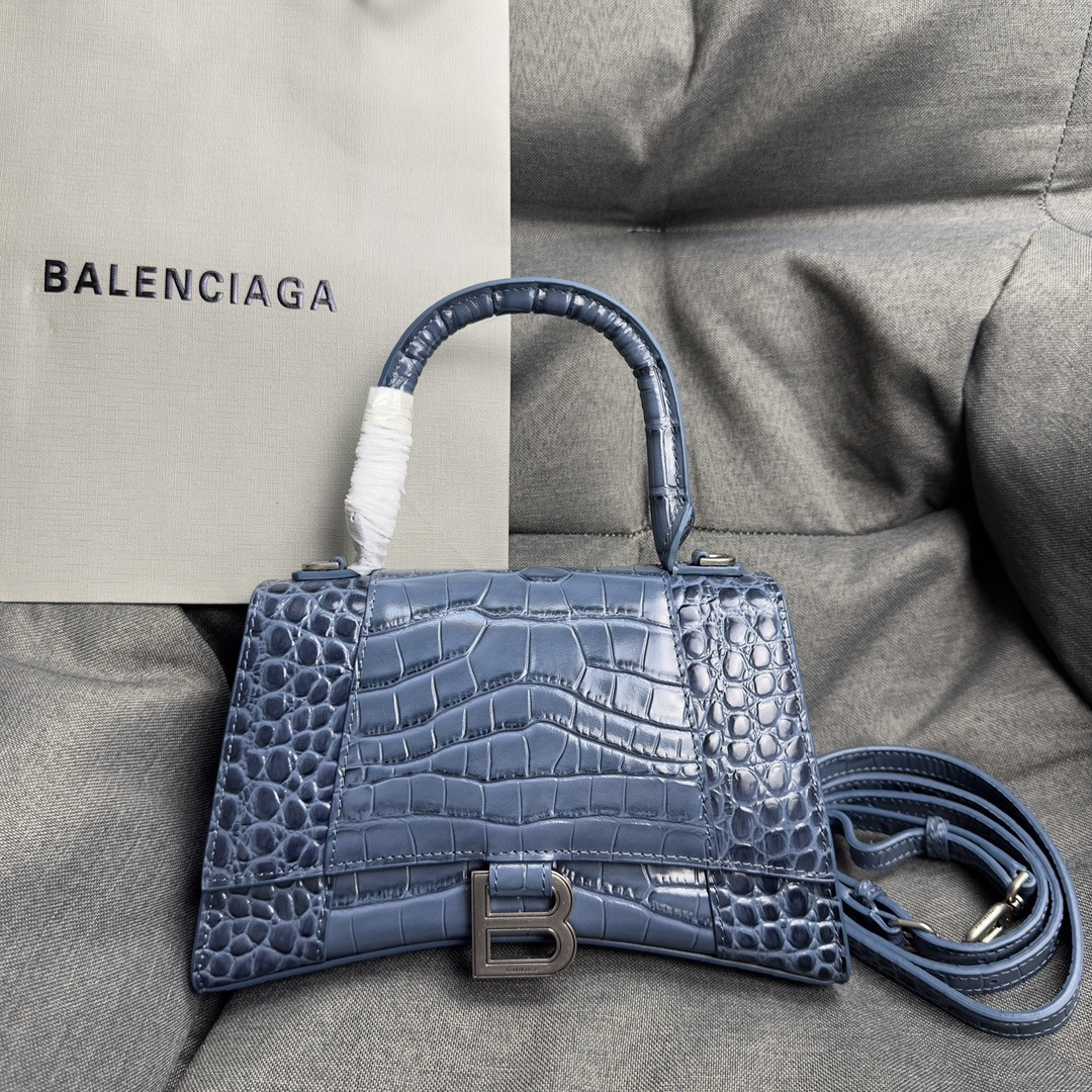 BALENCIAGA WOMEN'S HOURGLASS SMALL HANDBAG CROCODILE EMBOSSED IN BLUE L9 x H5.5 x W3.9 inch