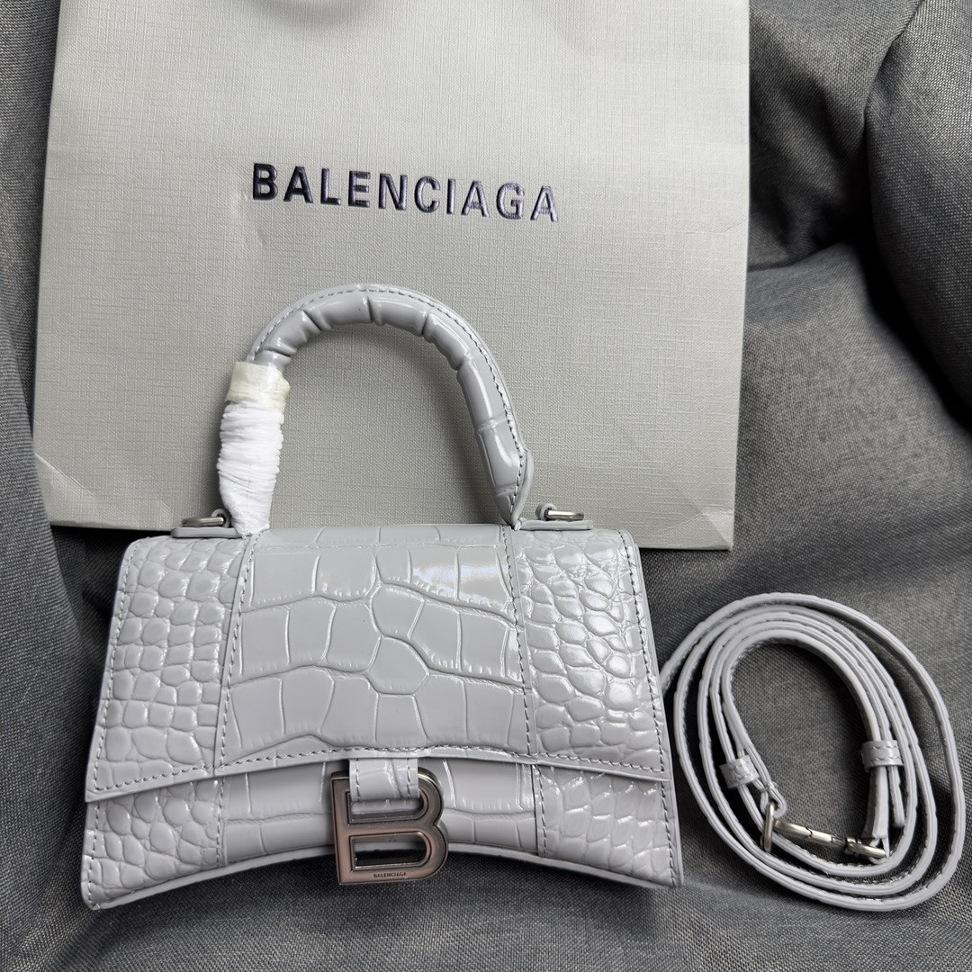 Balenciaga WOMEN'S HOURGLASS MINI HANDBAG CROCODILE EMBOSSED IN LIGHT GRAY L7.4 x H5.1 x W3.1 inch